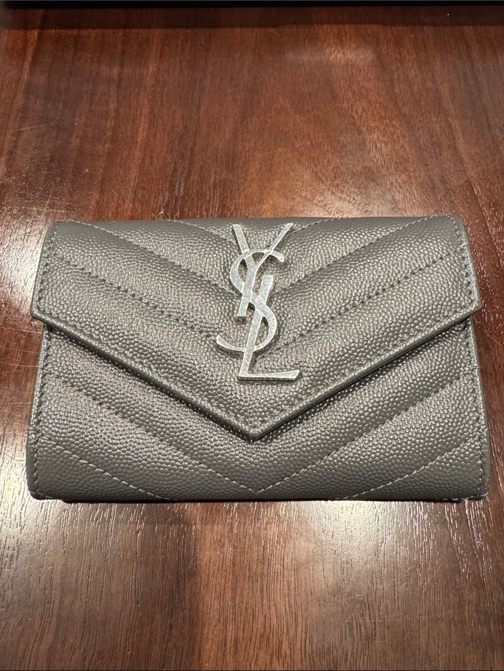 Saint Laurent Charcoal Quilted Leather Chevron Envelope Clutch with Silver YSL
